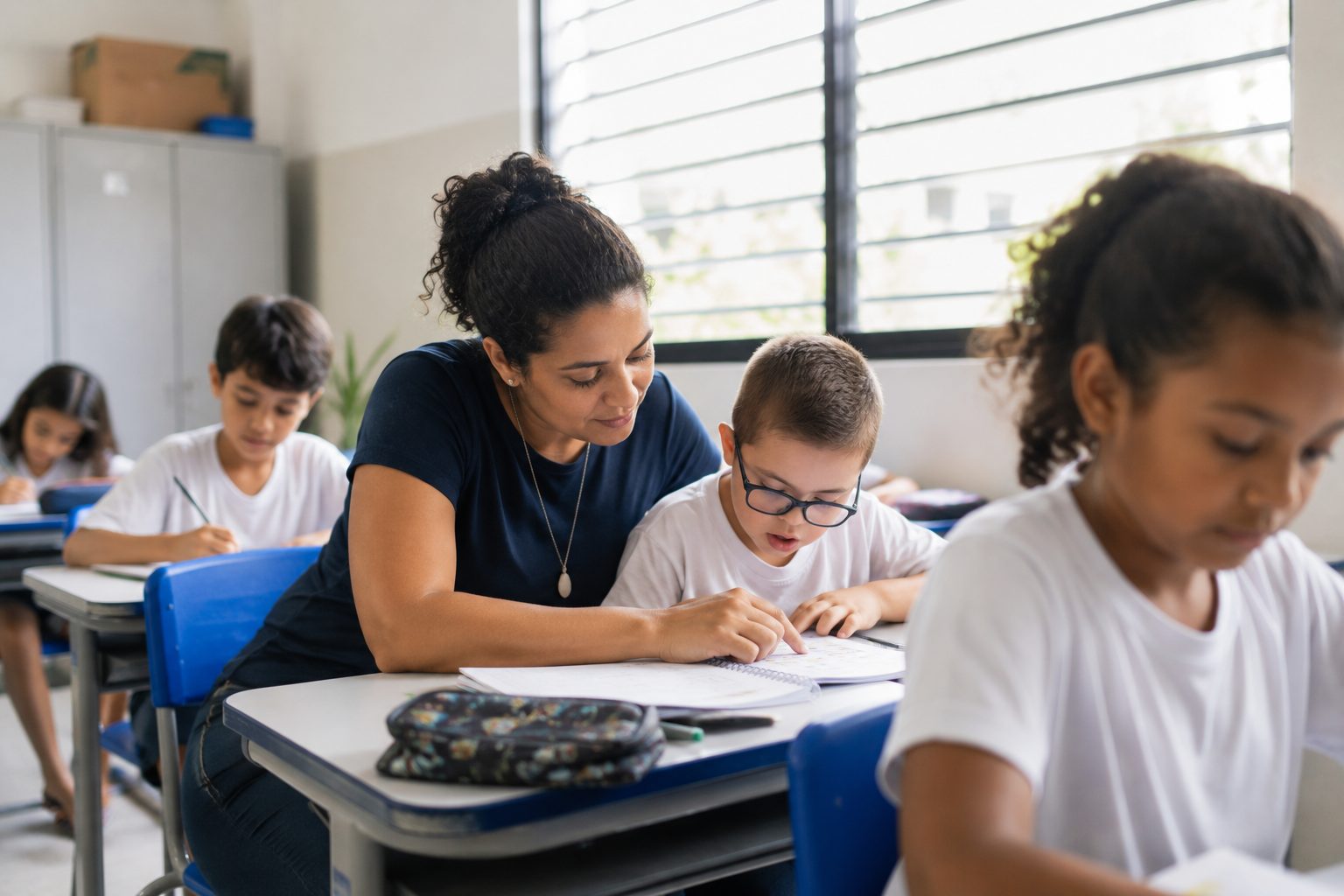 Professora auxiliando aluno com necessidades específicas