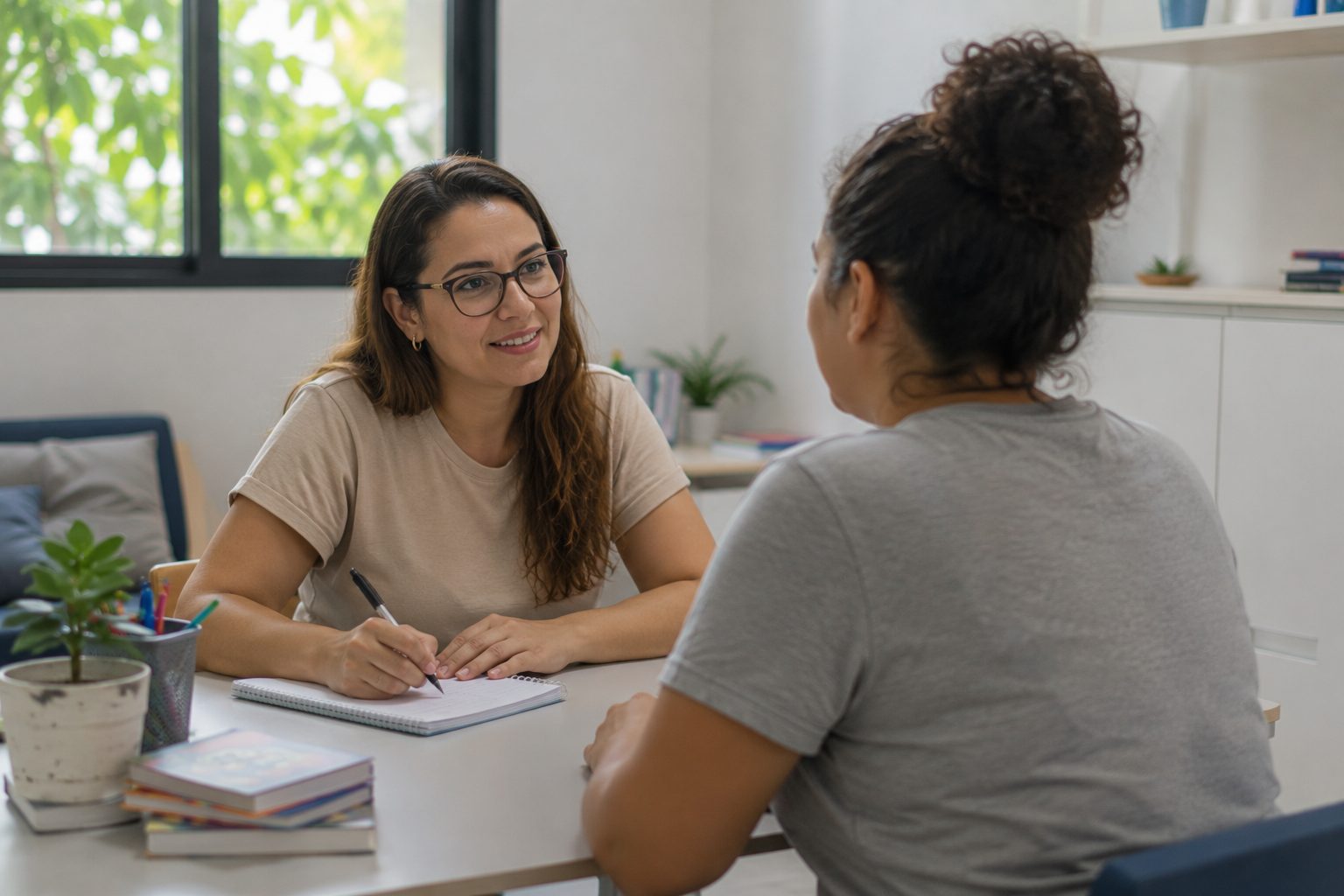 Psicóloga em atendimento de escuta com monitora
