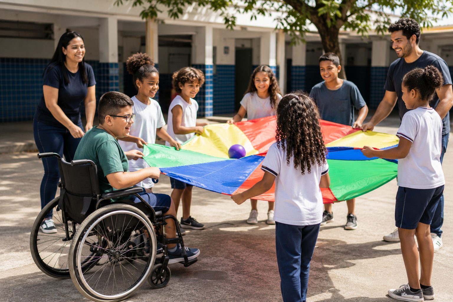Atividade inclusiva no pátio de uma escola, com estudantes e educadores
