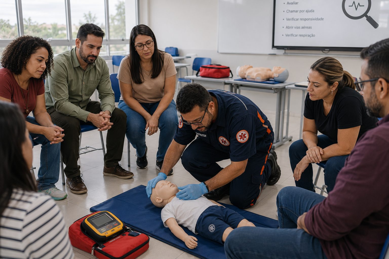 Instrutor demonstrando atendimento pediátrico de primeiros socorros durante capacitação